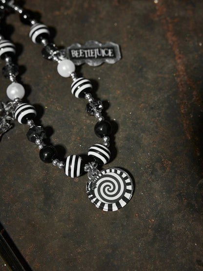 Beetlejuice X Fashionable Handmade Acrylic Black & White Striped Beaded Phone Lanyard, Goth Style For Men & Women, Goth