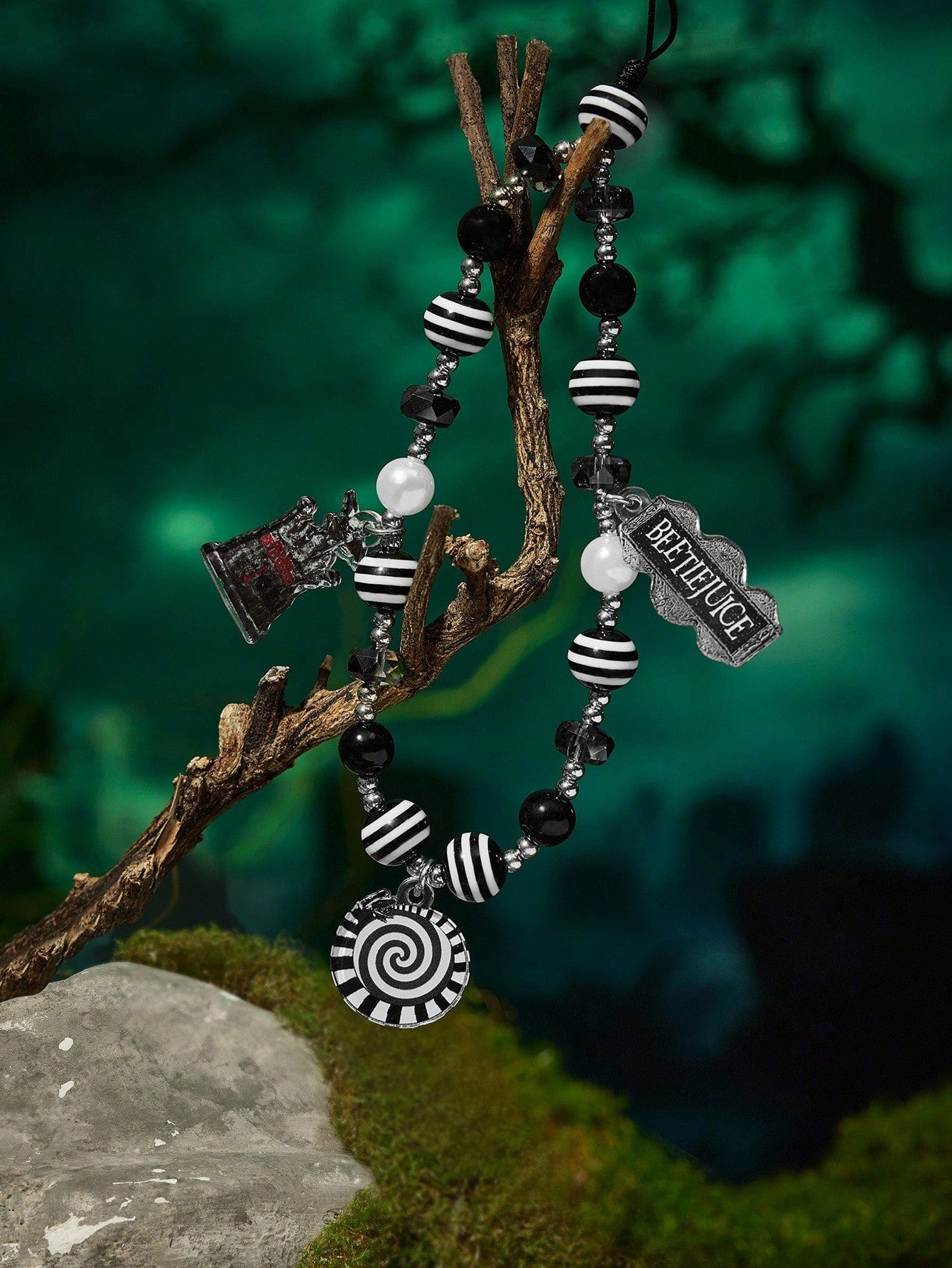 Beetlejuice X Fashionable Handmade Acrylic Black & White Striped Beaded Phone Lanyard, Goth Style For Men & Women, Goth