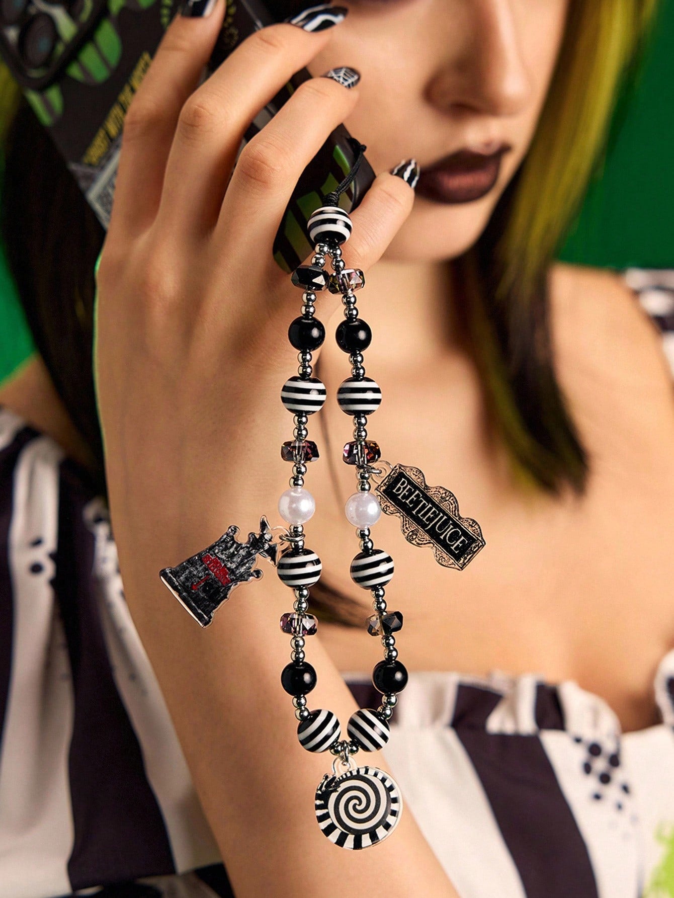 Beetlejuice X Fashionable Handmade Acrylic Black & White Striped Beaded Phone Lanyard, Goth Style For Men & Women, Goth