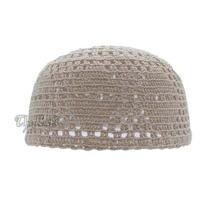 Beige Crocheted - Open-Weave Diamond Design Stretchable Kufi