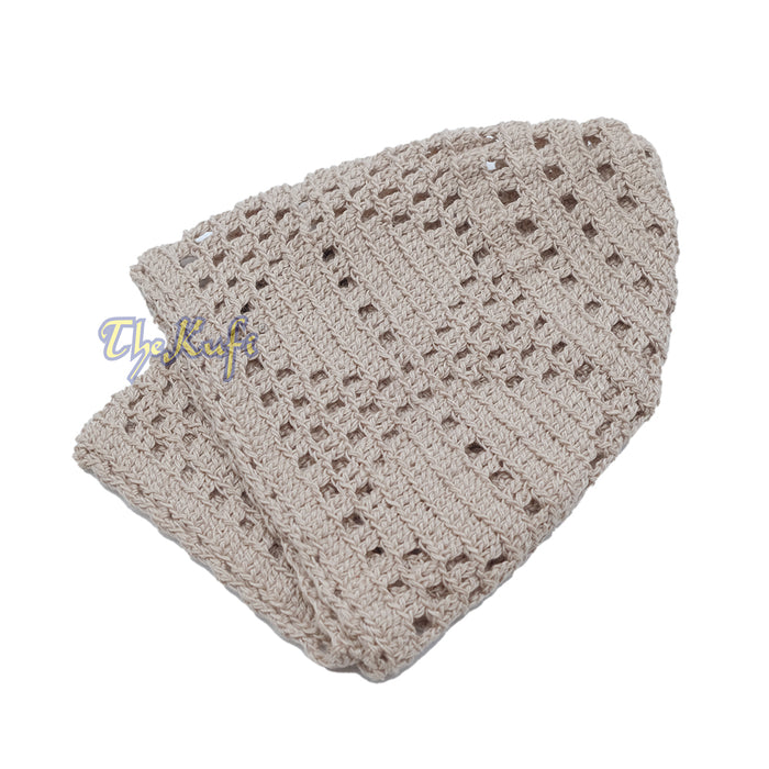Beige Crocheted - Open-Weave Diamond Design Stretchable Kufi