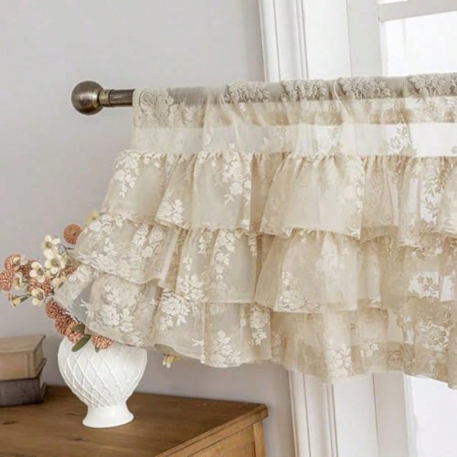 Beige Lace Ruffle Valance For Windows 1 Panel W52 X L18 Inch Rustic Floral Cottagecore Sheer Valance For Kitchen Window Over Sink Rod Pocket Bathroom Privacy Short Ruffled Curtain 18 Inch Length