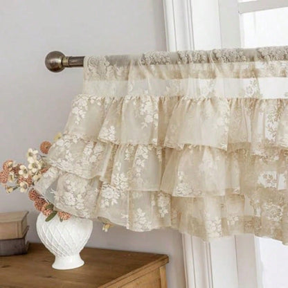Beige Lace Ruffle Valance For Windows 1 Panel W52 X L18 Inch Rustic Floral Cottagecore Sheer Valance For Kitchen Window Over Sink Rod Pocket Bathroom Privacy Short Ruffled Curtain 18 Inch Length