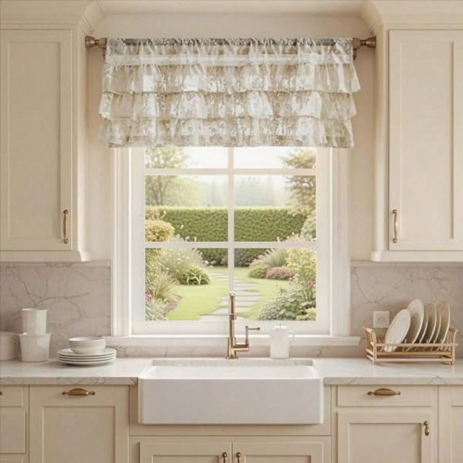 Beige Lace Ruffle Valance For Windows 1 Panel W52 X L18 Inch Rustic Floral Cottagecore Sheer Valance For Kitchen Window Over Sink Rod Pocket Bathroom Privacy Short Ruffled Curtain 18 Inch Length