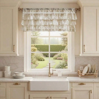Beige Lace Ruffle Valance For Windows 1 Panel W52 X L18 Inch Rustic Floral Cottagecore Sheer Valance For Kitchen Window Over Sink Rod Pocket Bathroom Privacy Short Ruffled Curtain 18 Inch Length