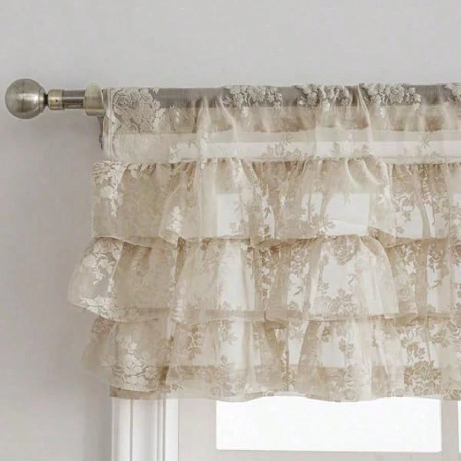 Beige Lace Ruffle Valance For Windows 1 Panel W52 X L18 Inch Rustic Floral Cottagecore Sheer Valance For Kitchen Window Over Sink Rod Pocket Bathroom Privacy Short Ruffled Curtain 18 Inch Length