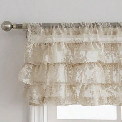Beige Lace Ruffle Valance For Windows 1 Panel W52 X L18 Inch Rustic Floral Cottagecore Sheer Valance For Kitchen Window Over Sink Rod Pocket Bathroom Privacy Short Ruffled Curtain 18 Inch Length