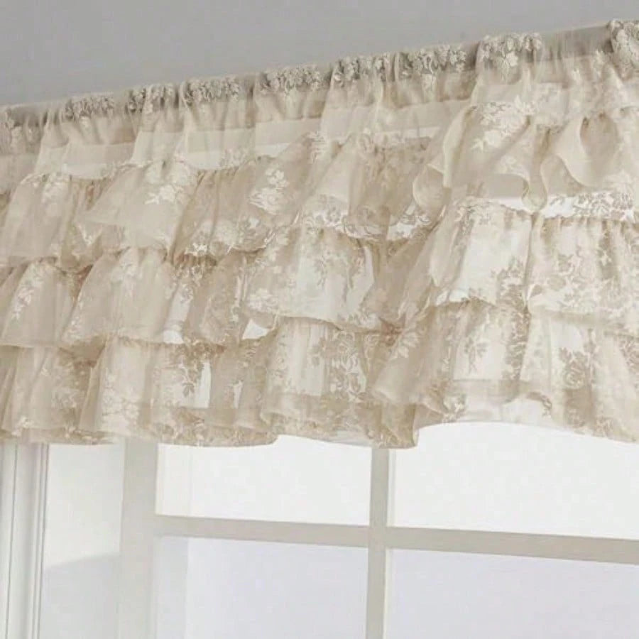 Beige Lace Ruffle Valance For Windows 1 Panel W52 X L18 Inch Rustic Floral Cottagecore Sheer Valance For Kitchen Window Over Sink Rod Pocket Bathroom Privacy Short Ruffled Curtain 18 Inch Length