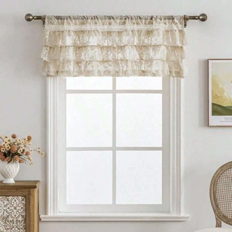 Beige Lace Ruffle Valance For Windows 1 Panel W52 X L18 Inch Rustic Floral Cottagecore Sheer Valance For Kitchen Window Over Sink Rod Pocket Bathroom Privacy Short Ruffled Curtain 18 Inch Length