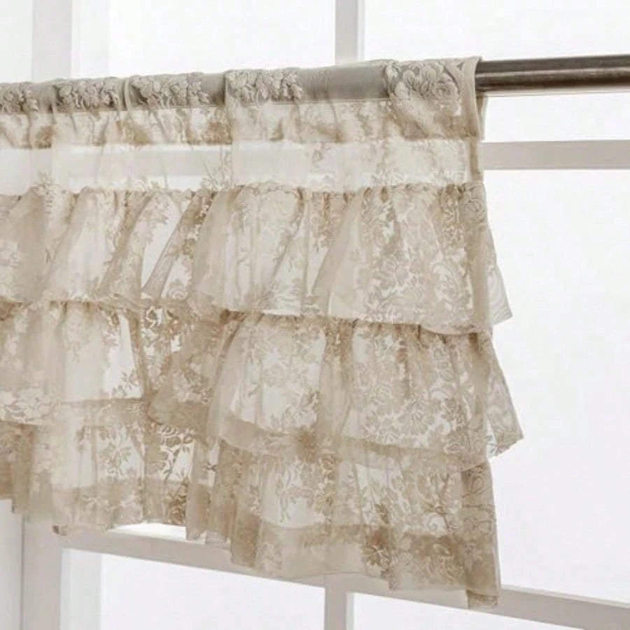 Beige Lace Ruffle Valance For Windows 1 Panel W52 X L18 Inch Rustic Floral Cottagecore Sheer Valance For Kitchen Window Over Sink Rod Pocket Bathroom Privacy Short Ruffled Curtain 18 Inch Length