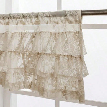 Beige Lace Ruffle Valance For Windows 1 Panel W52 X L18 Inch Rustic Floral Cottagecore Sheer Valance For Kitchen Window Over Sink Rod Pocket Bathroom Privacy Short Ruffled Curtain 18 Inch Length