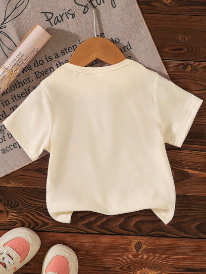 Beige Summer Casual Cute Graduation Back-To-School Baby Girls Short T-Shirt,Floral Leaf Heart Graphic Letter Print Fresh Minimalist Fashionable Top