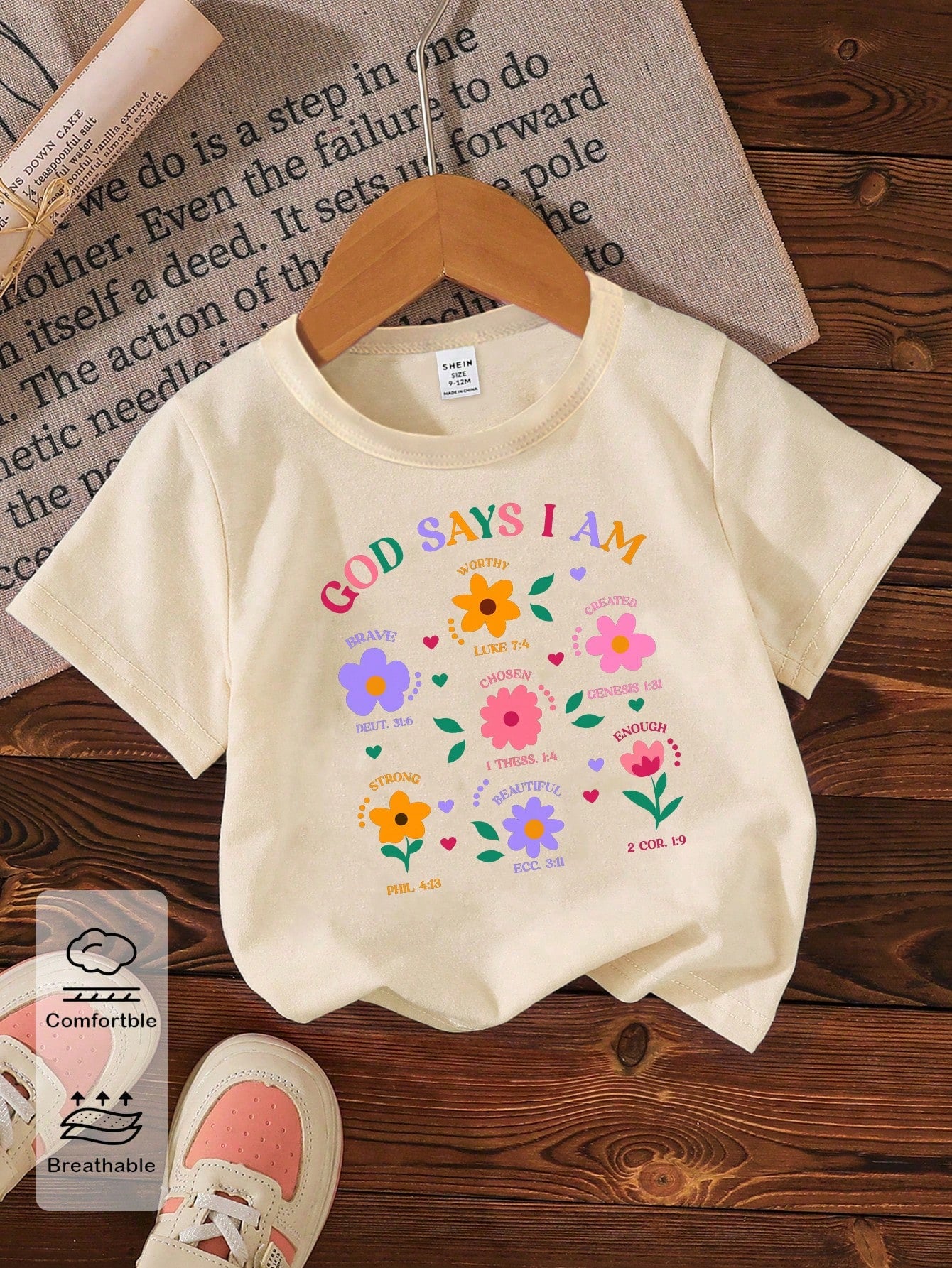 Beige Summer Casual Cute Graduation Back-To-School Baby Girls Short T-Shirt,Floral Leaf Heart Graphic Letter Print Fresh Minimalist Fashionable Top