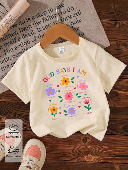 Beige Summer Casual Cute Graduation Back-To-School Baby Girls Short T-Shirt,Floral Leaf Heart Graphic Letter Print Fresh Minimalist Fashionable Top