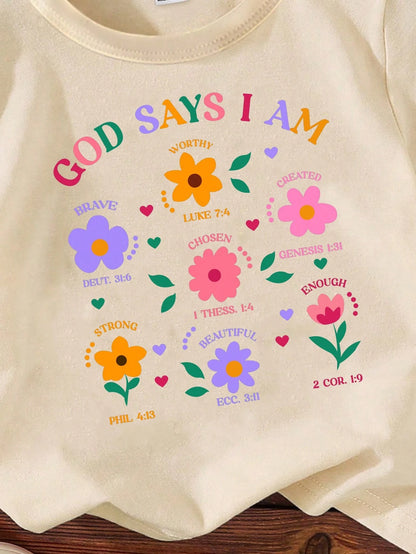 Beige Summer Casual Cute Graduation Back-To-School Baby Girls Short T-Shirt,Floral Leaf Heart Graphic Letter Print Fresh Minimalist Fashionable Top