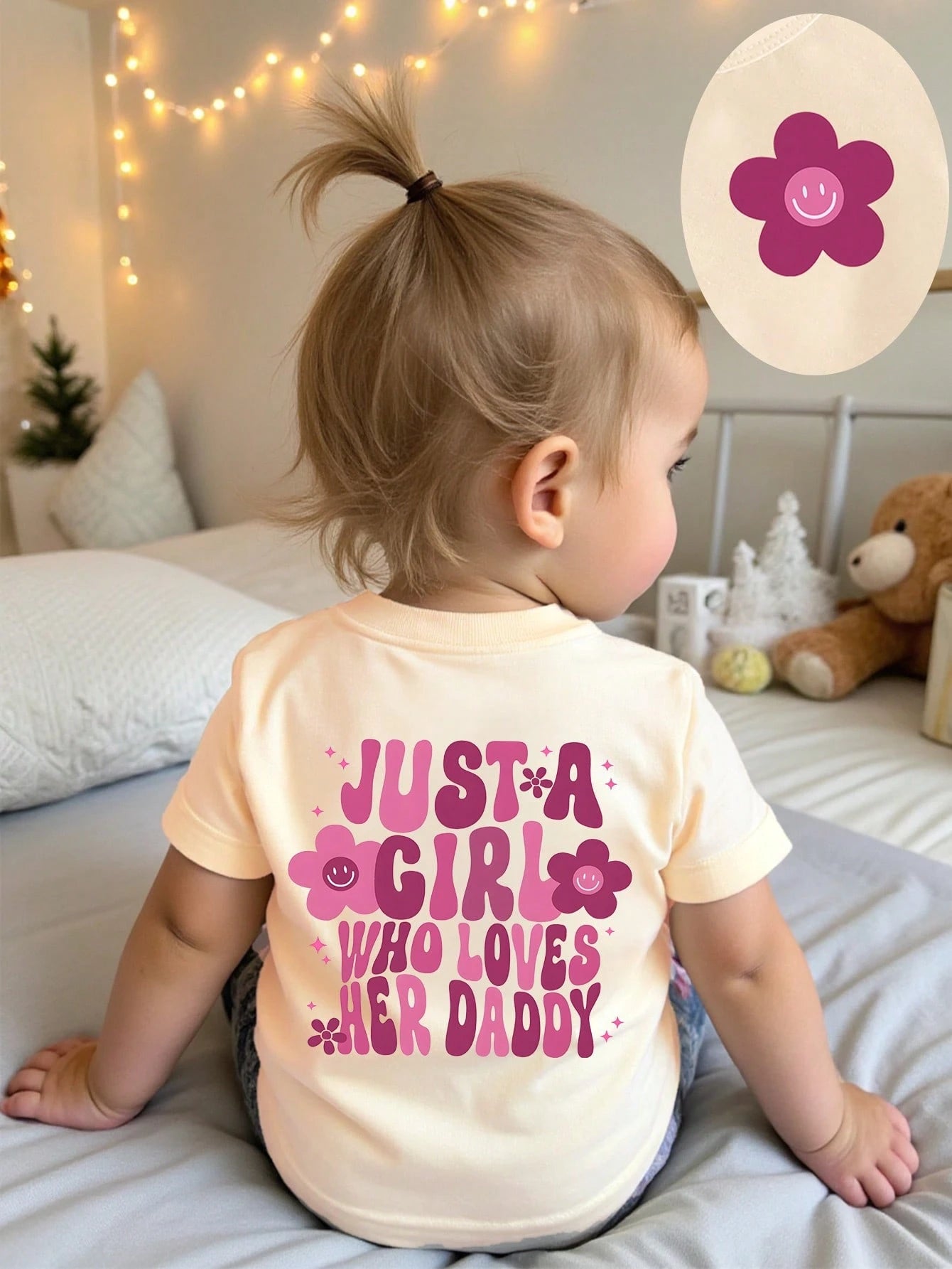 Beige Summer Casual Cute Graduation Back-To-School Baby Girls Short T-Shirt,Floral Leaf Heart Graphic Letter Print Fresh Minimalist Fashionable Top