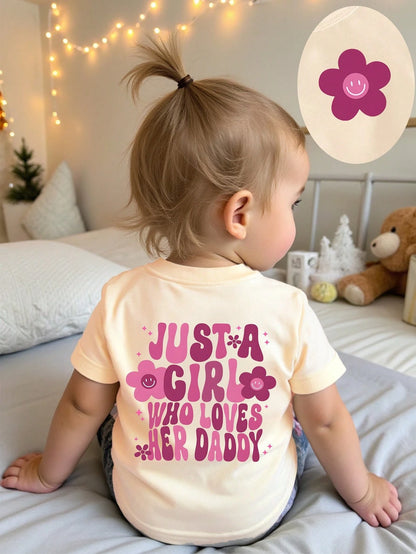 Beige Summer Casual Cute Graduation Back-To-School Baby Girls Short T-Shirt,Floral Leaf Heart Graphic Letter Print Fresh Minimalist Fashionable Top