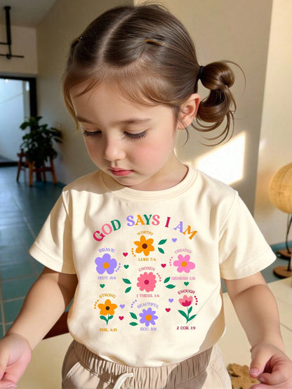 Beige Summer Casual Cute Graduation Back-To-School Baby Girls Short T-Shirt,Floral Leaf Heart Graphic Letter Print Fresh Minimalist Fashionable Top