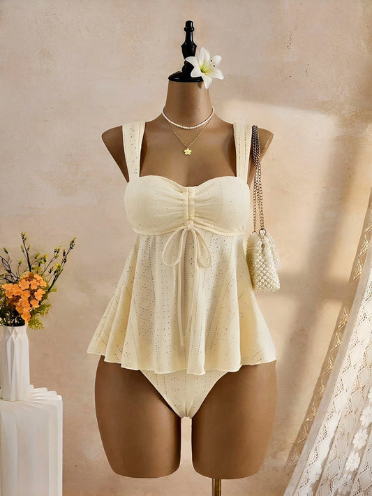 Bellisia Plus Size Women Summer Beach Solid Color Drawstring Design Tankini Swimwear Set