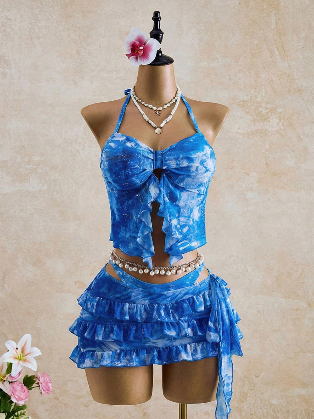 Bellisia Women's Summer Vacation Beach Tie-Dye Ruffle Halter Bikini Set With Cover-Up Skirt
