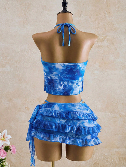 Bellisia Women's Summer Vacation Beach Tie-Dye Ruffle Halter Bikini Set With Cover-Up Skirt