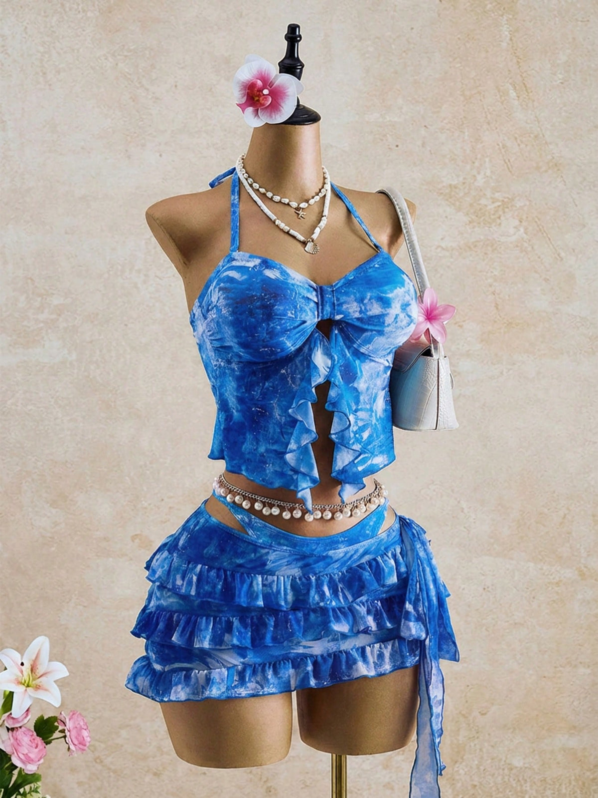 Bellisia Women's Summer Vacation Beach Tie-Dye Ruffle Halter Bikini Set With Cover-Up Skirt