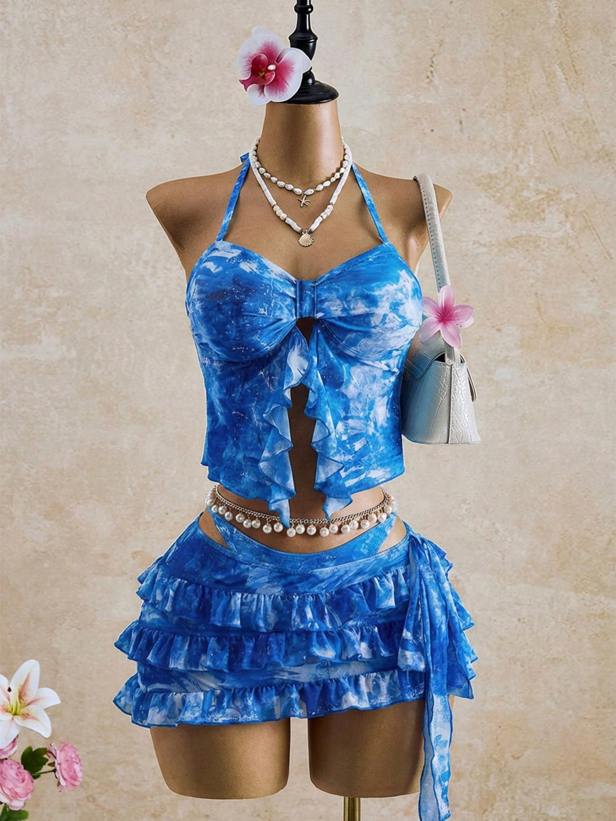 Bellisia Women's Summer Vacation Beach Tie-Dye Ruffle Halter Bikini Set With Cover-Up Skirt