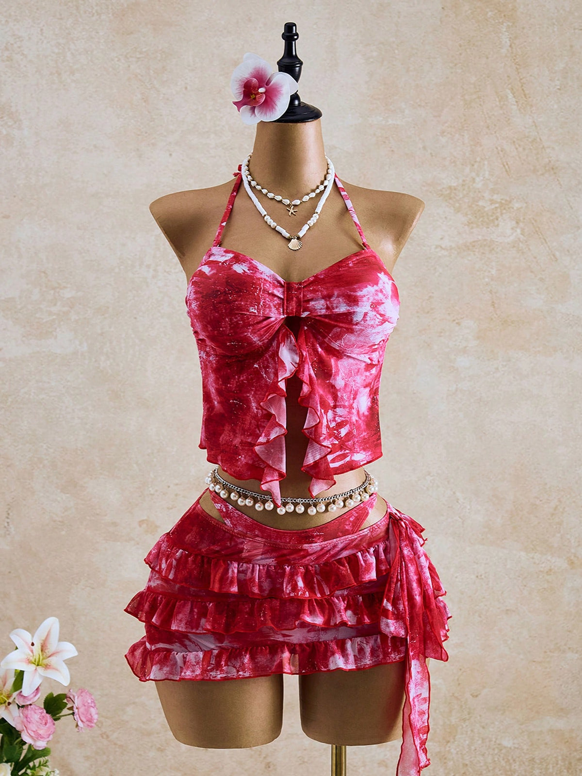 Bellisia Women's Summer Vacation Beach Tie-Dye Ruffle Halter Bikini Set With Cover-Up Skirt