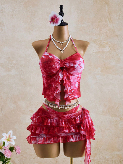 Bellisia Women's Summer Vacation Beach Tie-Dye Ruffle Halter Bikini Set With Cover-Up Skirt