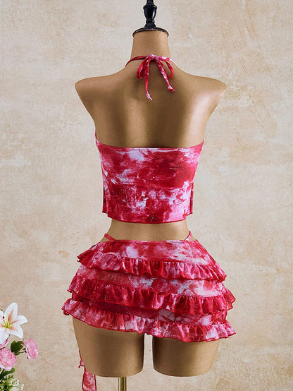 Bellisia Women's Summer Vacation Beach Tie-Dye Ruffle Halter Bikini Set With Cover-Up Skirt