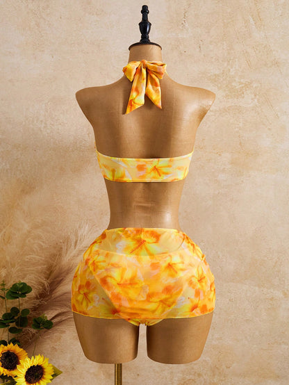 Bellisia Women's Yellow Summer Boho Beach Holiday 3-Piece Set,Tie-Dye Big Floral 3D Flower Decor Strapless Bandeau Crop Top,Skirt,Casual Resort Swimwear Set