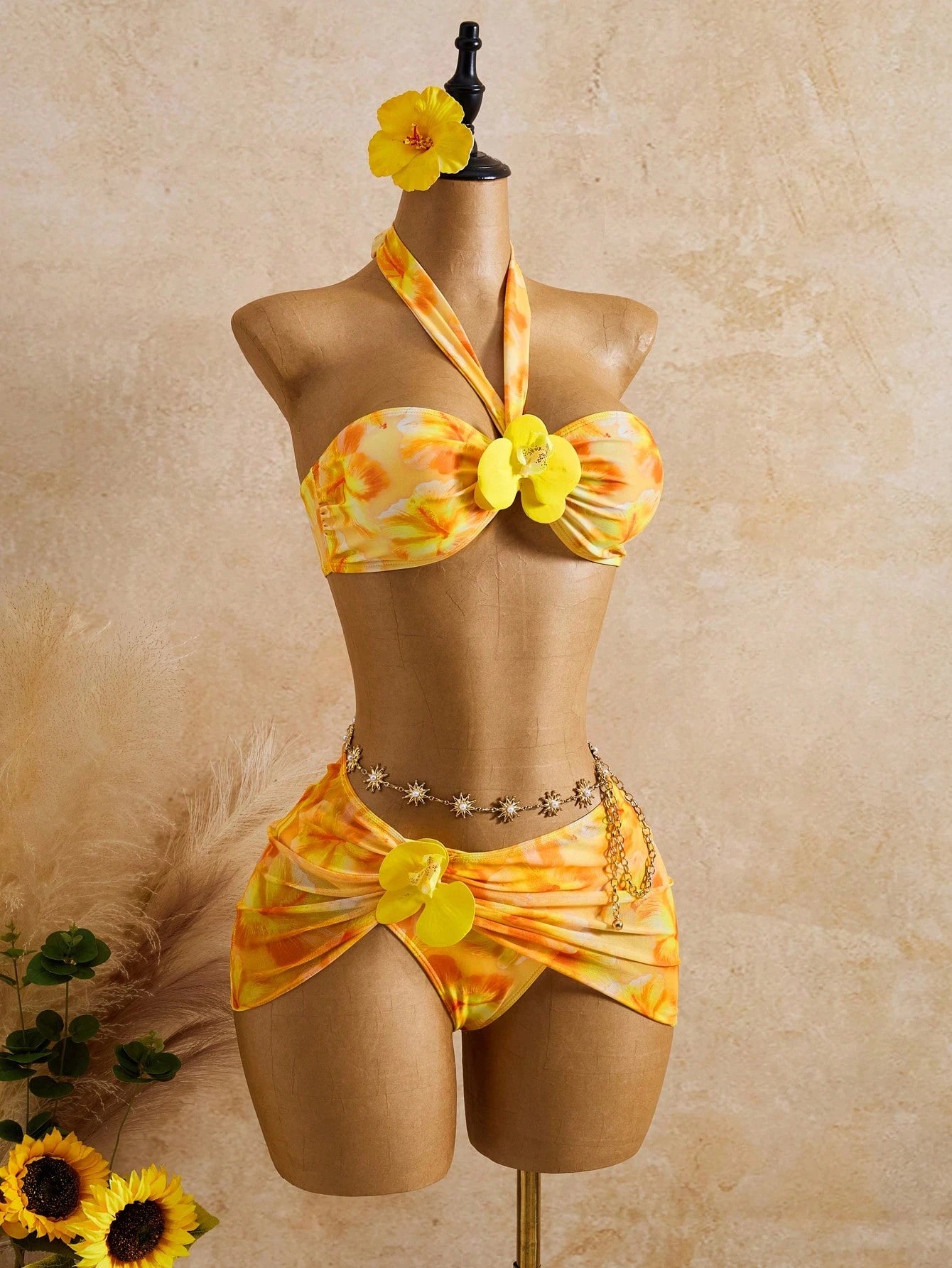 Bellisia Women's Yellow Summer Boho Beach Holiday 3-Piece Set,Tie-Dye Big Floral 3D Flower Decor Strapless Bandeau Crop Top,Skirt,Casual Resort Swimwear Set