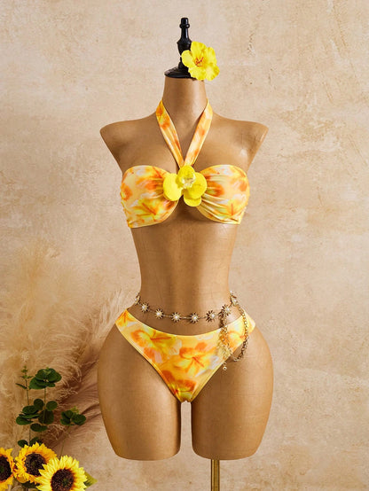 Bellisia Women's Yellow Summer Boho Beach Holiday 3-Piece Set,Tie-Dye Big Floral 3D Flower Decor Strapless Bandeau Crop Top,Skirt,Casual Resort Swimwear Set