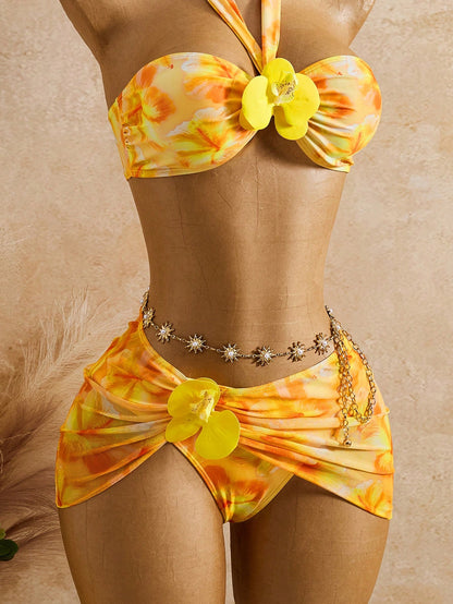 Bellisia Women's Yellow Summer Boho Beach Holiday 3-Piece Set,Tie-Dye Big Floral 3D Flower Decor Strapless Bandeau Crop Top,Skirt,Casual Resort Swimwear Set