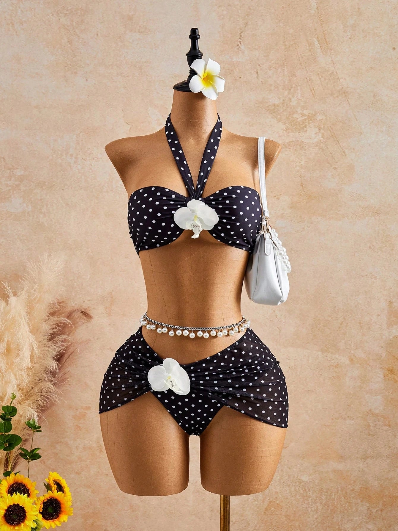 Bellisia Women's Yellow Summer Boho Beach Holiday 3-Piece Set,Tie-Dye Big Floral 3D Flower Decor Strapless Bandeau Crop Top,Skirt,Casual Resort Swimwear Set