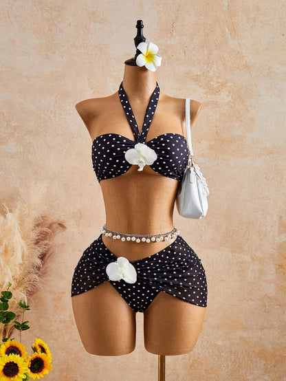 Bellisia Women's Yellow Summer Boho Beach Holiday 3-Piece Set,Tie-Dye Big Floral 3D Flower Decor Strapless Bandeau Crop Top,Skirt,Casual Resort Swimwear Set