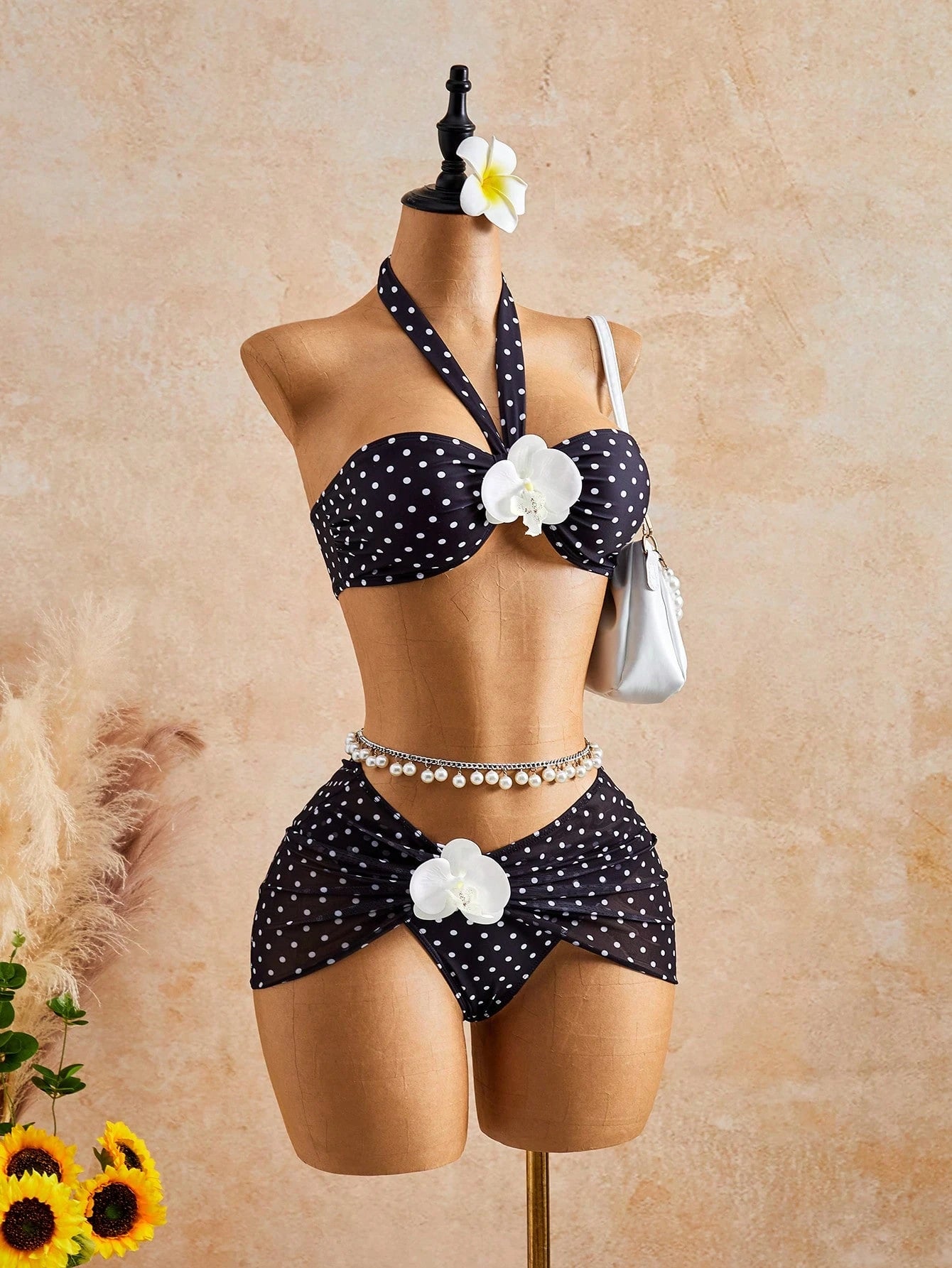 Bellisia Women's Yellow Summer Boho Beach Holiday 3-Piece Set,Tie-Dye Big Floral 3D Flower Decor Strapless Bandeau Crop Top,Skirt,Casual Resort Swimwear Set