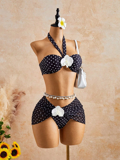 Bellisia Women's Yellow Summer Boho Beach Holiday 3-Piece Set,Tie-Dye Big Floral 3D Flower Decor Strapless Bandeau Crop Top,Skirt,Casual Resort Swimwear Set