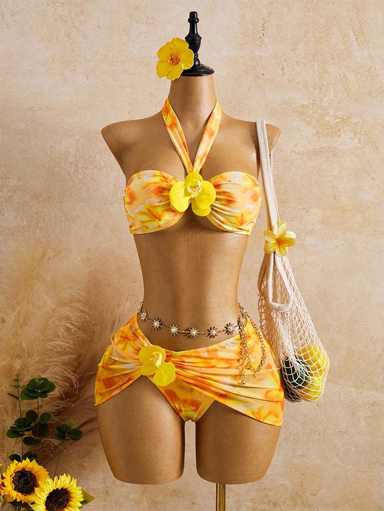 Bellisia Women's Yellow Summer Boho Beach Holiday 3-Piece Set,Tie-Dye Big Floral 3D Flower Decor Strapless Bandeau Crop Top,Skirt,Casual Resort Swimwear Set