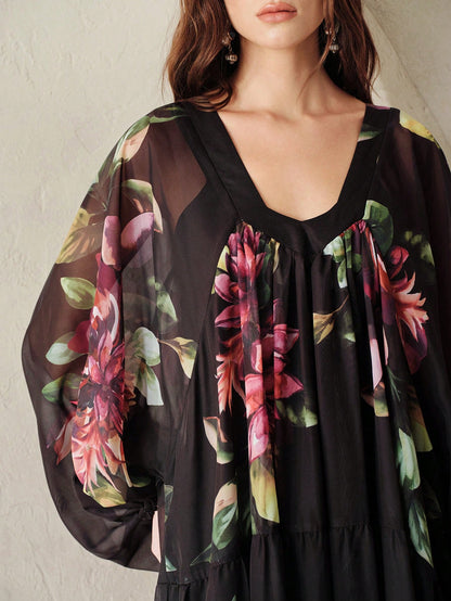 BELROSIE Black Chiffon Printed Loose Casual Dress With Knit Camisole Lining