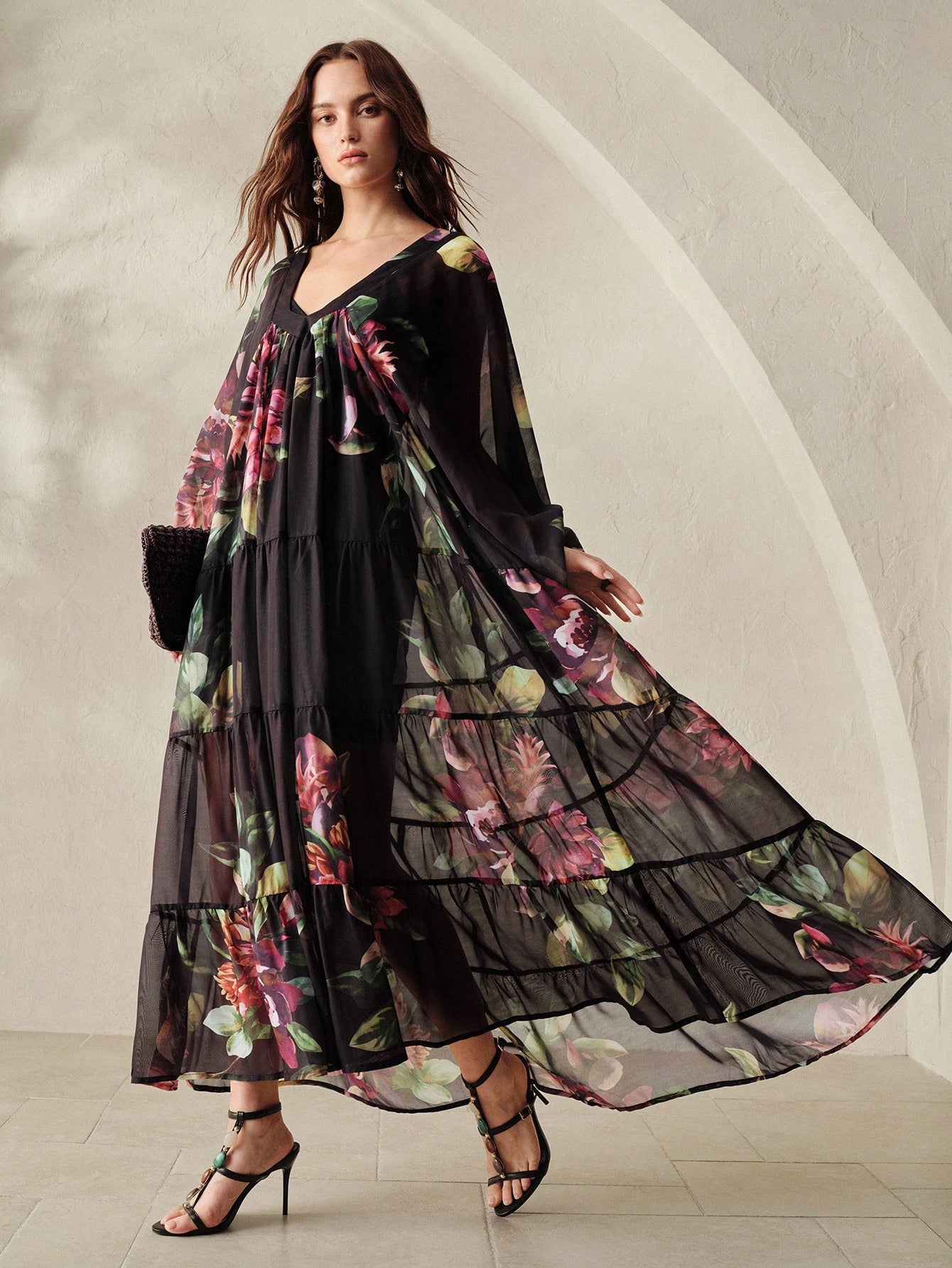 BELROSIE Black Chiffon Printed Loose Casual Dress With Knit Camisole Lining