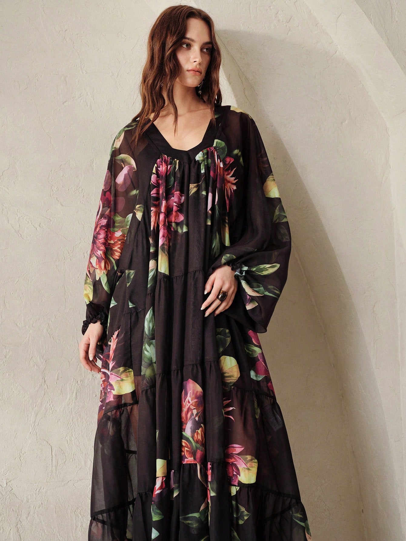 BELROSIE Black Chiffon Printed Loose Casual Dress With Knit Camisole Lining