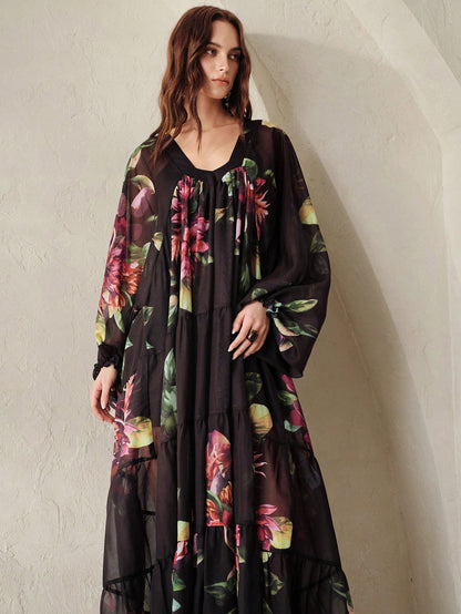 BELROSIE Black Chiffon Printed Loose Casual Dress With Knit Camisole Lining