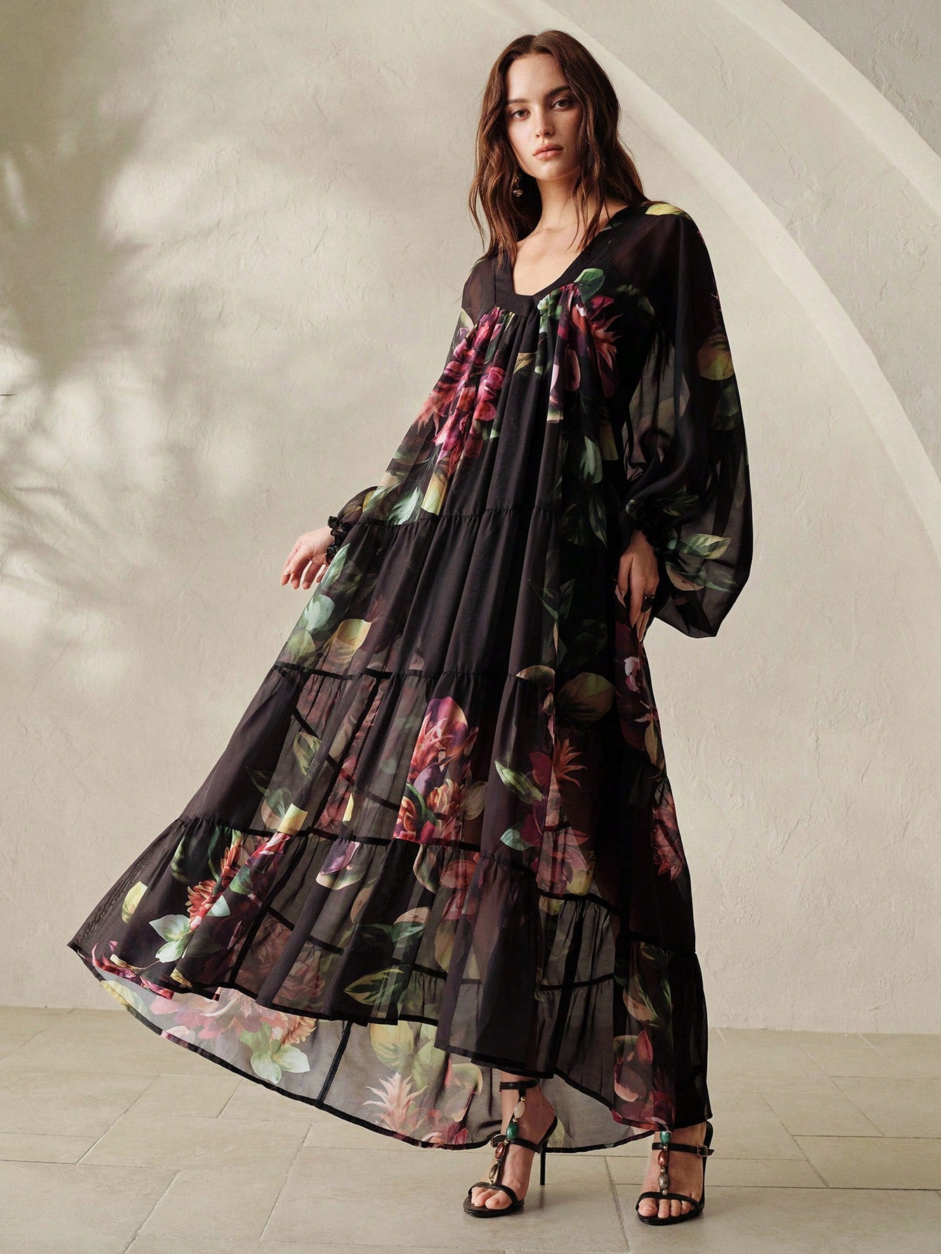 BELROSIE Black Chiffon Printed Loose Casual Dress With Knit Camisole Lining