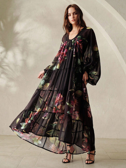 BELROSIE Black Chiffon Printed Loose Casual Dress With Knit Camisole Lining