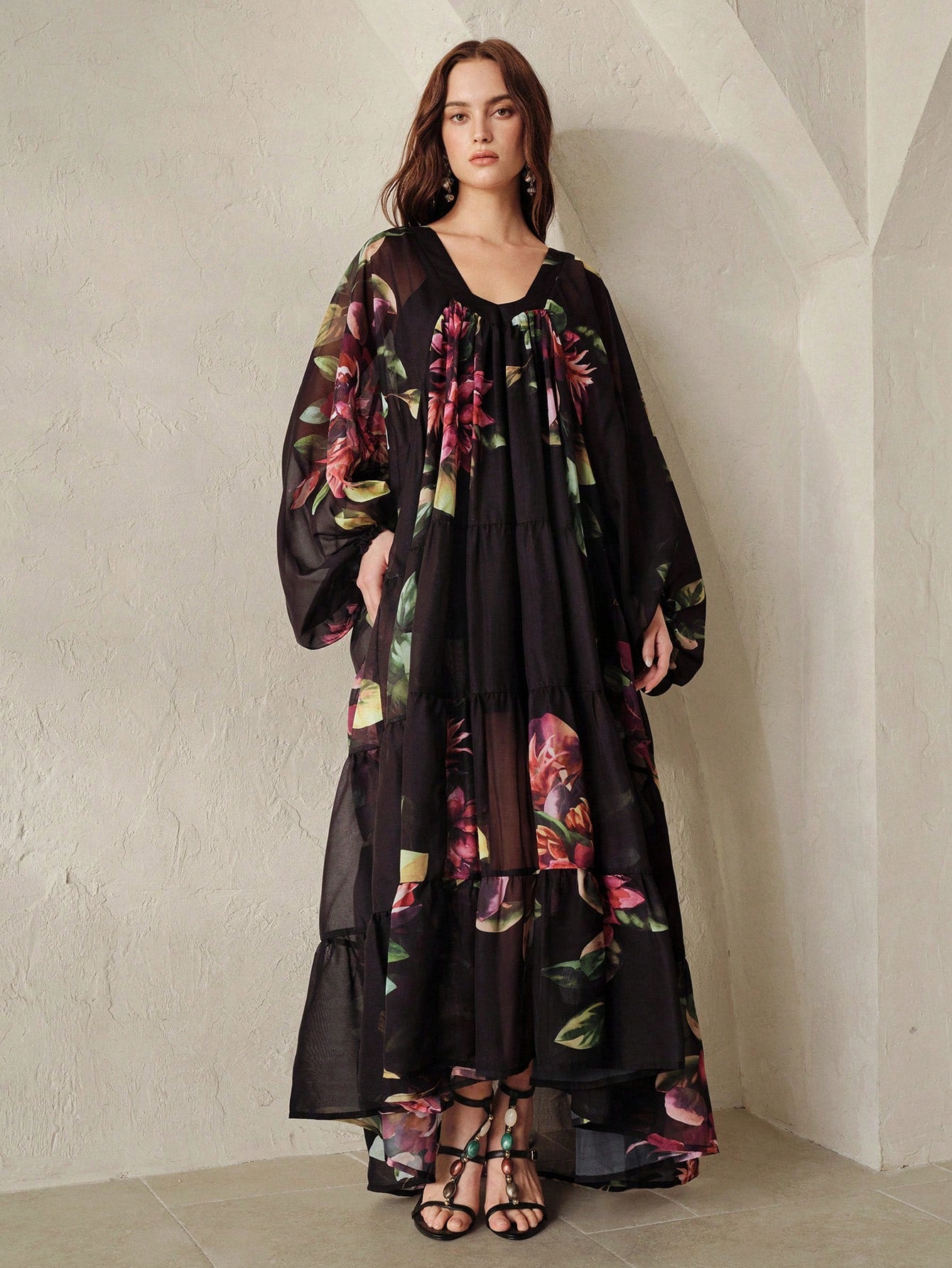 BELROSIE Black Chiffon Printed Loose Casual Dress With Knit Camisole Lining