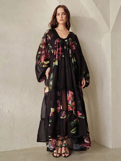BELROSIE Black Chiffon Printed Loose Casual Dress With Knit Camisole Lining