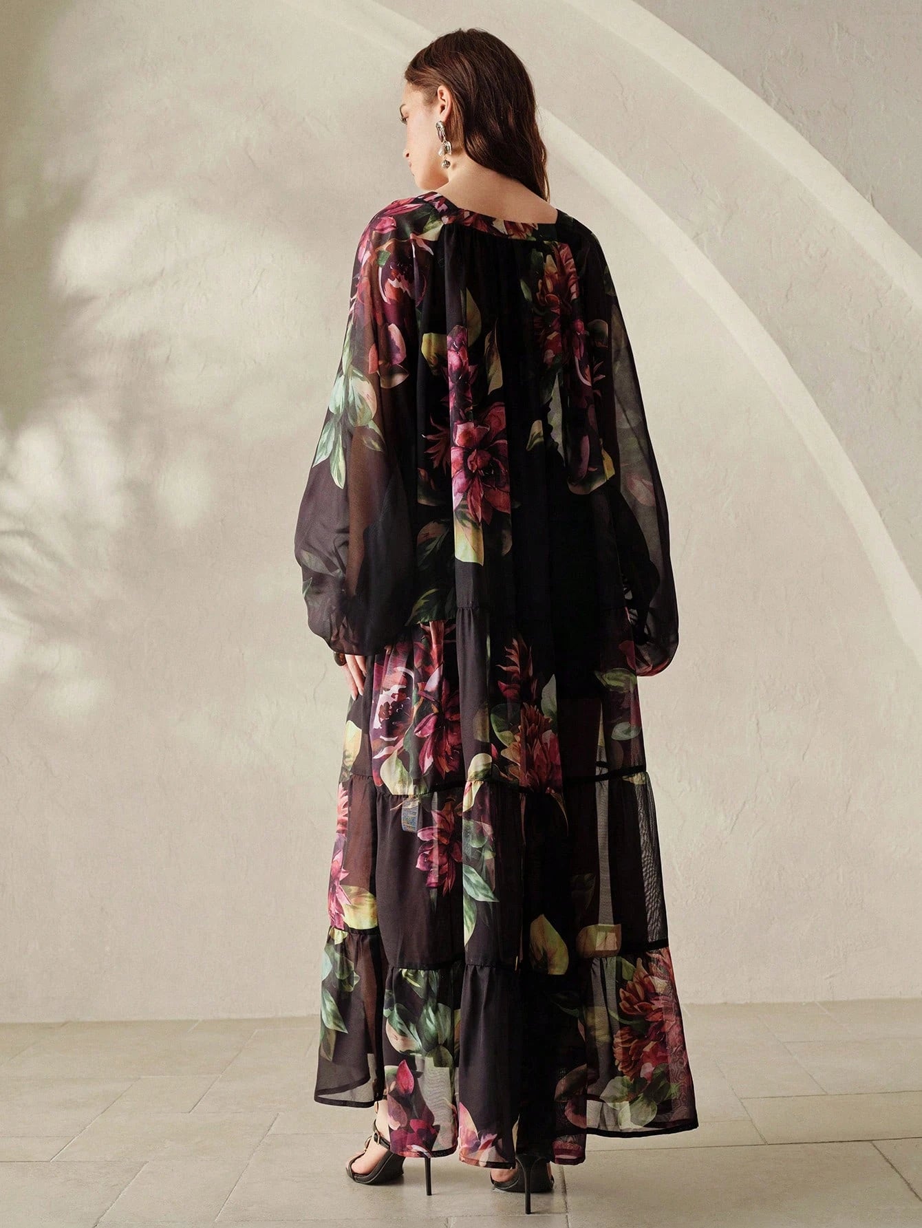 BELROSIE Black Chiffon Printed Loose Casual Dress With Knit Camisole Lining