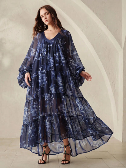 BELROSIE Black Chiffon Printed Loose Casual Dress With Knit Camisole Lining