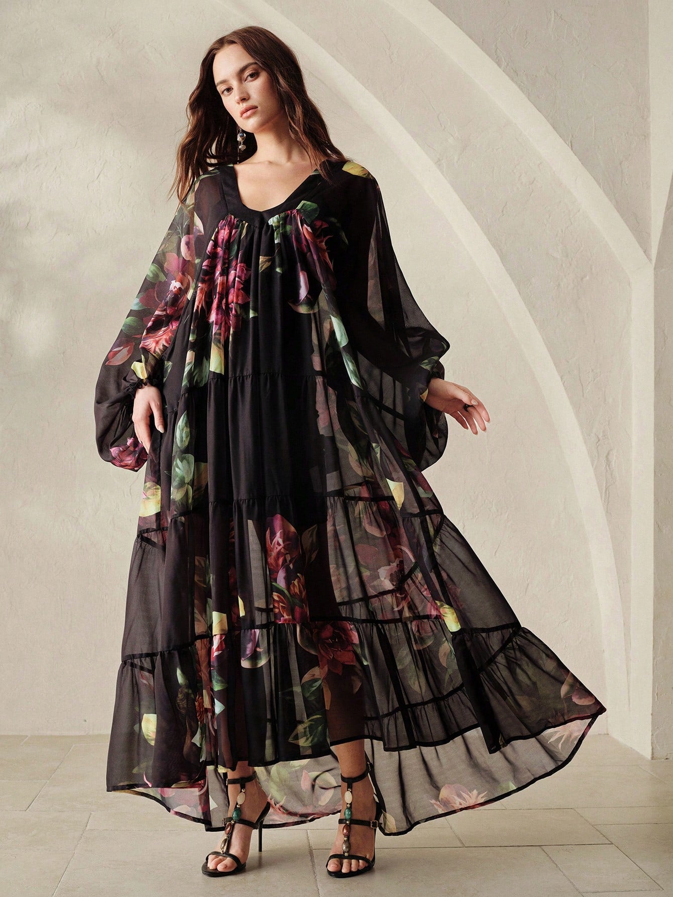BELROSIE Black Chiffon Printed Loose Casual Dress With Knit Camisole Lining